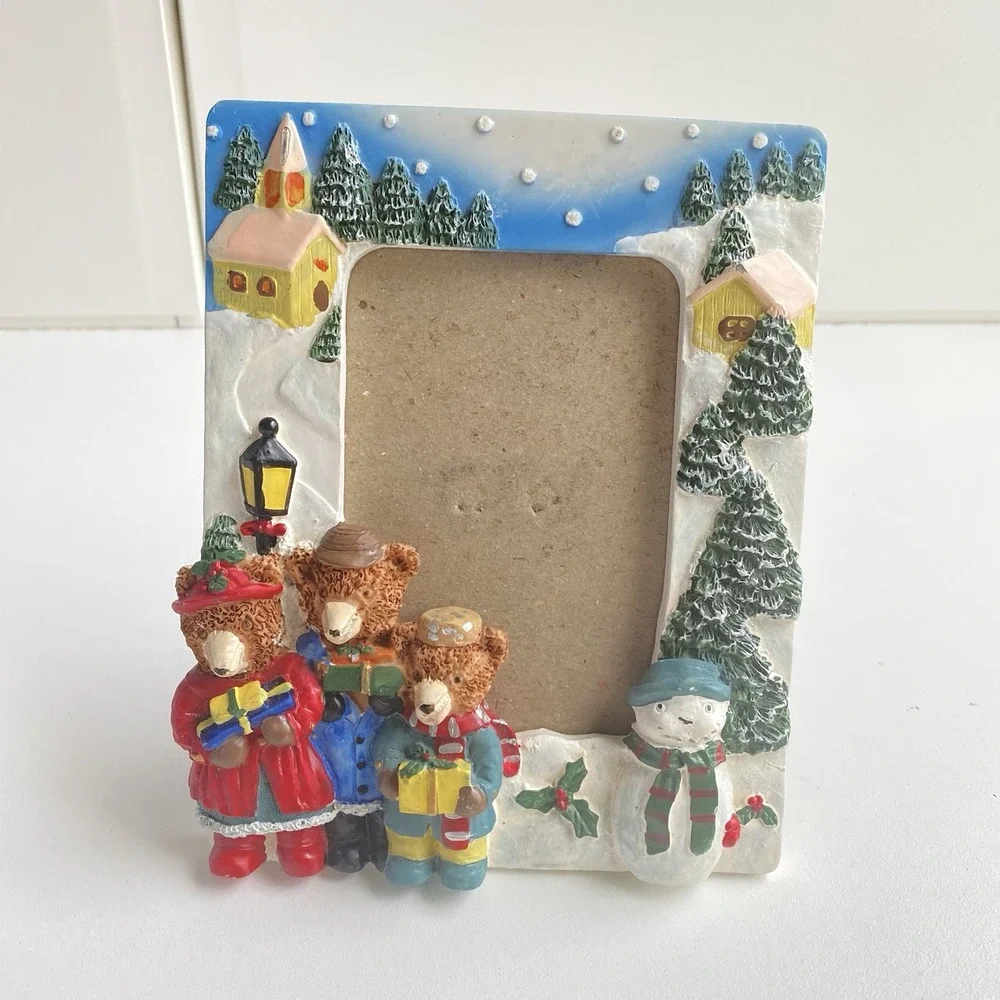 Vintage Christmas 3D‎ Resin Picture Frame Bears Snowman 4x6 Photo No Glass